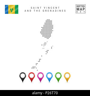 Dotted Map of Saint Vincent and the Grenadines. Simple Silhouette of Saint Vincent and the Grenadines. Flag of Saint Vincent and the Grenadines. Map M Stock Photo