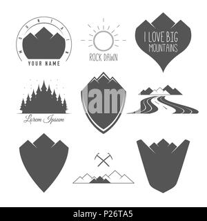 Rock Road - Shield - Forest and Sun - Set of Silhouette Emblems and Badges Alpine Adventure Related in Vintage Black and White Style. Stock Photo