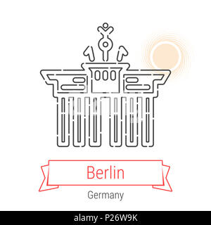 Berlin, Germany Line Icon with Red Ribbon Isolated on White. Berlin Landmark - Emblem - Print - Label - Symbol. Brandenburg Gate Pictogram. World Citi Stock Photo