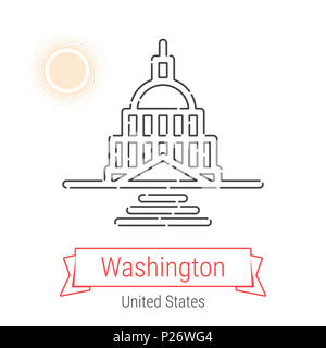 Washington, United States Line Icon with Red Ribbon Isolated on White. Washington Landmark - Emblem - Print - Label - Symbol. United States Capitol Co Stock Photo