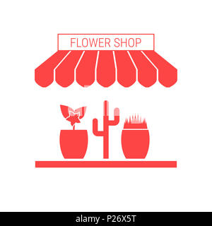 Flower Shop, Plant Market Single Flat Icon. Striped Awning and Signboard. A Series of Shop Icons. Stock Photo