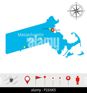 Massachusetts Map Isolated on White Background. Detailed Silhouette of Massachusetts. Flag of Massachusetts. 3D Map Markers or Pointers, Navigation El Stock Photo