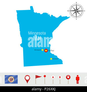 Minnesota Map Isolated on White Background. High Detailed Silhouette ofMinnesota State. Flag of Minnesota. 3D Map Markers or Pointers, Navigation Elem