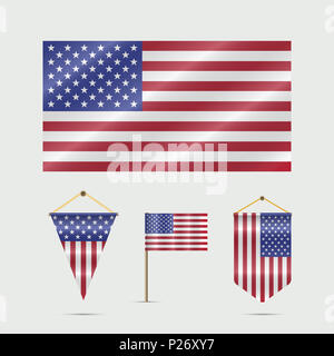 United States Flag, Pennants and US Flag on the Stand. Illustration. Waved Star-Striped Flag of Different Shapes. Hanging Pennant Set. Stock Photo