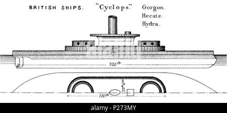 . Diagrams depicting right elevation and plan of British 'Cyclops' class coastal monitors HMS Cyclops, HMS Gorgon, HMS Hecate and HMS Hydra, of 1871-1903. circa. 1871-1888. Brassey's 72 Cyclops class monitor diagrams Brasseys 1888 Stock Photo