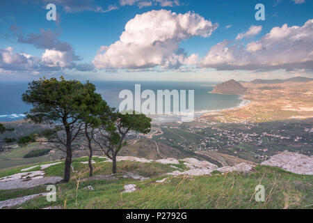 Cornino bay and Cofano Mountain seen from Erice, province of Trapani, Sicily, Italy Stock Photo