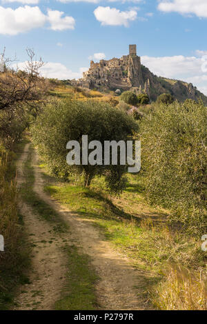 Path among the trees down the hilltop ghost town of Craco, Matera Province, Basilicata, Italy Stock Photo