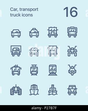 Outline Car, transport, vehicle, truck, train vector flat line icons for web and mobile applications Stock Vector