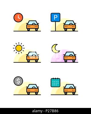 Colored Car rent, parking, sell outline simple vector icons set Stock Vector
