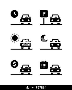 Car rent, parking, sell simple vector filled black icons set .Isolated on white background Stock Vector