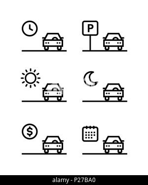 Car rent, parking, sell outline simple vector black icons on white background Stock Vector