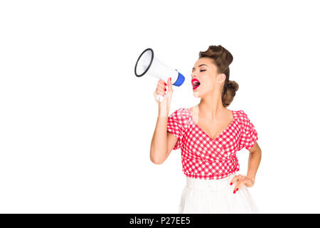 portrait of fashionable young woman in pin up style clothing with loudspeaker isolated on white Stock Photo