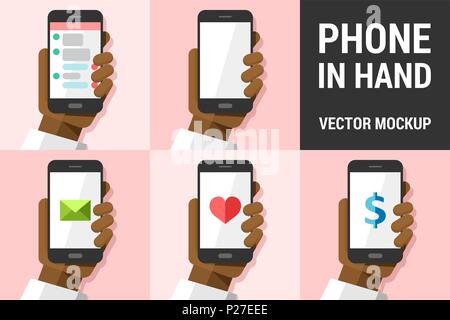 Hand using vector mobile phone on colored illustration background mockup pack 5 Stock Vector