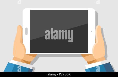 Human hands horizontally holding vector mockup illustration modern white tablet device on isolated background Stock Vector