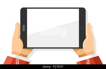 Human hands horizontally holding vector mockup illustration modern black tablet device on isolated background Stock Vector