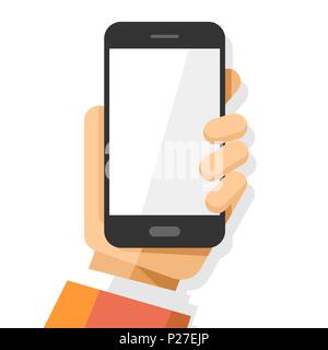 Human hands vertically holding vector mockup illustration modern black smartphone device on isolated background Stock Vector