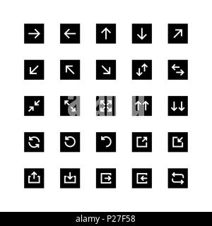 Set of simple white arrows in black squares for mobile user interface and web design isolated on white background Stock Vector
