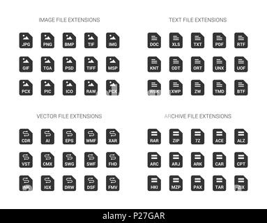 Filled black file extension flat vector icons isolated on white background. Image, text, archive, vector file types format Stock Vector