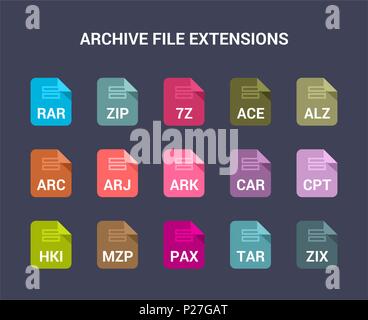Archive file extensions. Flat colored vector icons Stock Vector