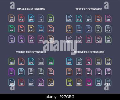 Colored File extension flat vector icons. Image, text, archive, vector file types format Stock Vector