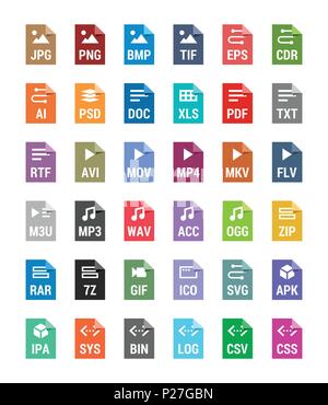 Flat file types icons. Archive, vector, audio, image, system, document formats Stock Vector