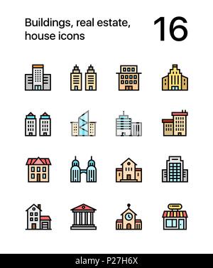 Colored Buildings, real estate, house icons for web and mobile design pack 1 Stock Vector