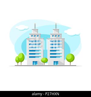 Flat vector of two modern skyscrapers building colorful illustration. City house, apartment, residential object with beautiful facade on isolated whit Stock Vector