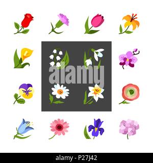 Flowers colorful flat vector icon set. Vector illustration for pattern and background Stock Vector