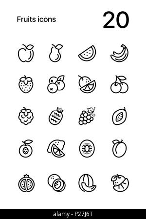 Fruits and food line flat vector icon set for web and mobile design Stock Vector