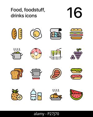 Colored Food, foodstuff, drinks icons for web and mobile design pack 1 Stock Vector