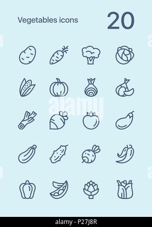 Vegetables and vegetarian food outline flat vector icon set for web and mobile design Stock Vector