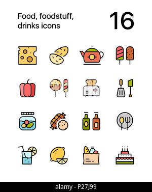Colored Food, foodstuff, drinks icons for web and mobile design pack 2 Stock Vector