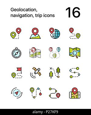 Colored Geolocation, navigation, trip icons for web and mobile design pack 1 Stock Vector