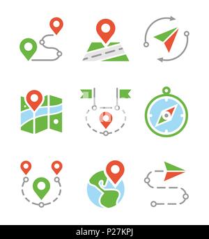 Geo location, travel, journey, map marker flat colored vector icons Stock Vector