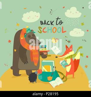 Back to school illustaration with cute woodland animals Stock Vector