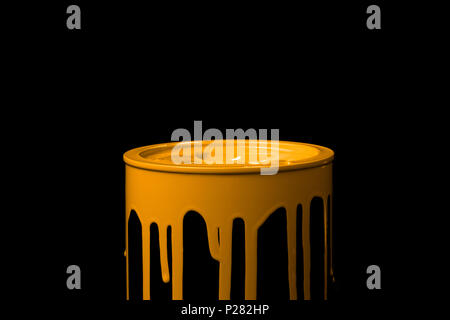 Colorful paint leaking down over the part of metal bucket. Isolated over black background Stock Photo