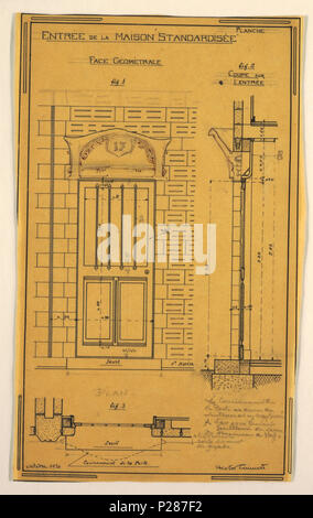 .  English: Drawing, Design for a Mass-Operational House Designed by Hector Guimard, Front Entrance, October 1920 .  English: Design for a mass-operational house by Guimard, detailing the front entrance. . October 1920 100 Drawing, Design for a Mass-Operational House Designed by Hector Guimard, Front Entrance, October 1920 (CH 18410933) Stock Photo