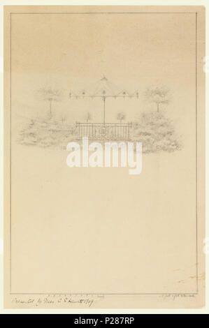 .  English: Drawing, Design for Garden Pavilion, ca. 1909 .  English: Design for a garden pavilion. Pavilion with umbrella decorated with flower motif. Vegetation surrounds pavilion. Scale noted at bottom. . circa 1909 101 Drawing, Design for Garden Pavilion, ca. 1909 (CH 18162805) Stock Photo