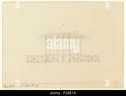 .  English: Drawing, Design for Pagoda in Garden Pavilion, ca. 1909 .  English: Conical roof supported by pillars, balustrade decorated with flower motif. Pillar decorated with circular designs. Table drawn in middle of pagoda. Scale noted at bottom. . circa 1909 102 Drawing, Design for Pagoda in Garden Pavilion, ca. 1909 (CH 18162819) Stock Photo