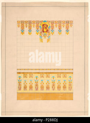 .  English: Drawing, Design of Wall Decorated with Tiles, 1911 .  English: On squared paper, above, an inverted tear-shaped cartouche with initials RB at top center in red on yellow ground, flanked by stylized burnt orange and yellow foliage with blue and gray circles. Below, singular register with yellow geometrical shapes alternating with three horizontal stripes; below that, alternating every two vertical designs, along dado, all with tall stylized blue blossom flanked by shorter blue blossoms, every two has a square with curved floral motif in yellow and red, all on light yellow and tan gr Stock Photo