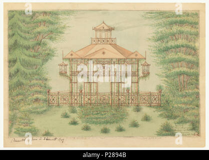 .  English: Drawing, Garden Pavillion, ca. 1909 .  English: Drawing of large pavilion surrounded by foliage. Hexagonal pavilion comprised of slanted roof supported by columns with circular design decoration and lanterns. Balustrade at base decorated with flower motif. Small level on roof of pavilion. . circa 1909 105 Drawing, Garden Pavillion, ca. 1909 (CH 18162825) Stock Photo