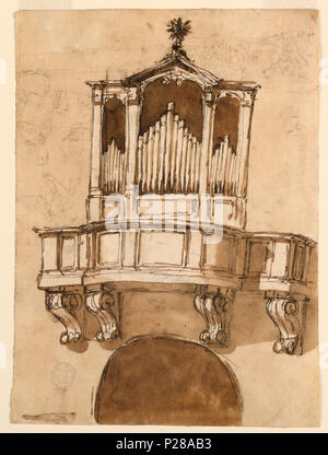 .  English: Drawing, Recto: organ loft; Verso: classical structure .  English: Vertical rectangle. Recto: Supported by four consoles and seen from below. Below is the arc of an opening. Tri-partite case of the organ pipes, which stand upon panels. The lateral parts have horizontal cornices, the central triangular, on top a star. The wall and the openingare colored. Verso: On the reverse, in opposite direction: Upon the steps of teh building are sitting a young man and an unstylishly clad older one, who is speaking. Behind them stands a young woman, looking upon the ruins. The group is at left, Stock Photo