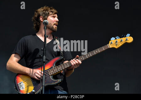 Napa Valley, California, May 26, 2018,  Alex Stiff bassist for the band the Record Company on stage at the 2018 BottleRock Festival. Stock Photo