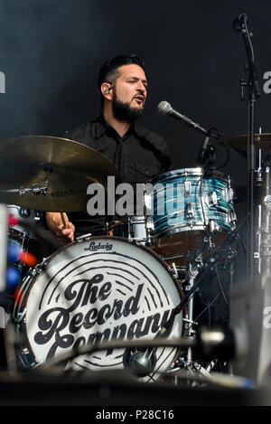 Napa Valley, California, May 26, 2018, Marc Cazorla the drummer for The Record Company on stage at the 2018 BottleRock Festival. Stock Photo