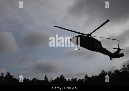 A UH-60 Black Hawk helicopter descends during the Operation Order Event at the 2018 U.S. Army Reserve Best Warrior Competition at Fort Bragg, North Carolina, June 13, 2018. U.S. Army Reserve Soldiers compete all day and into the night, pushing themselves at every event during the six-day 2018 U.S. Army Reserve Best Warrior Competition. (U.S. Army Reserve photo by Spc. Devin A. Patterson) (Released) Stock Photo