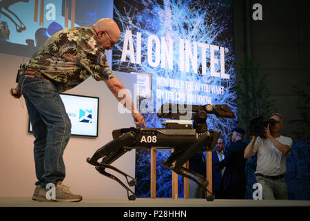 Hanover, Germany. 13th June, 2018. Marc Reibert, founder of Boston Dynamics, presented the SpotMini robot at CeBIT 2018 in Hanover. SpotMini is a small four-legged robot with the ability to pick up and handle objects using its 5 degree-of-freedom arm and perception sensors. Credit: Laura Chiesa/Pacific Press/Alamy Live News Stock Photo