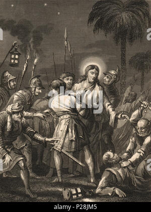 Betrayal of Jesus by Judas Iscariot, 19th century illustration Stock Photo