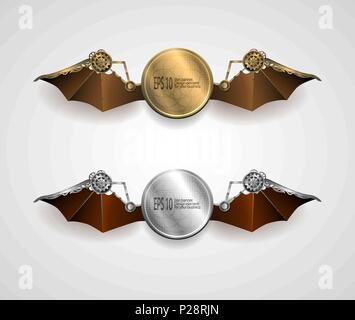 set of industrial metallic banners with wings. steampunk style. vector illustration Stock Vector