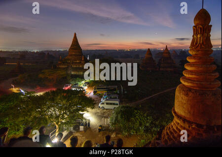 Bagan, view from Buledi Temple, temples, stupas, Nan Myint observation tower, car park, tourists, Mandalay Region, Myanmar (Burma) Stock Photo