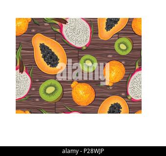 Oriental fruits on a wooden background. SEAMLESS VECTOR PATTERN Stock Vector